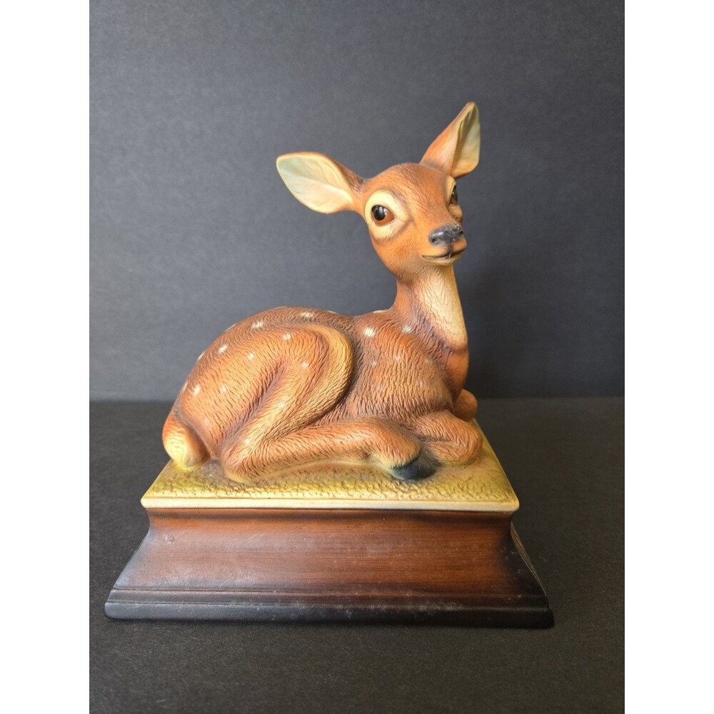 Harvey Knox M Takai Spotted Deer Fawn Resting on Stand Figurine Signed Vintage